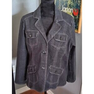 D&Co Denim Jacket Womens Large‎ Dark Wash Stretch Utility Casual Coat Minimalist